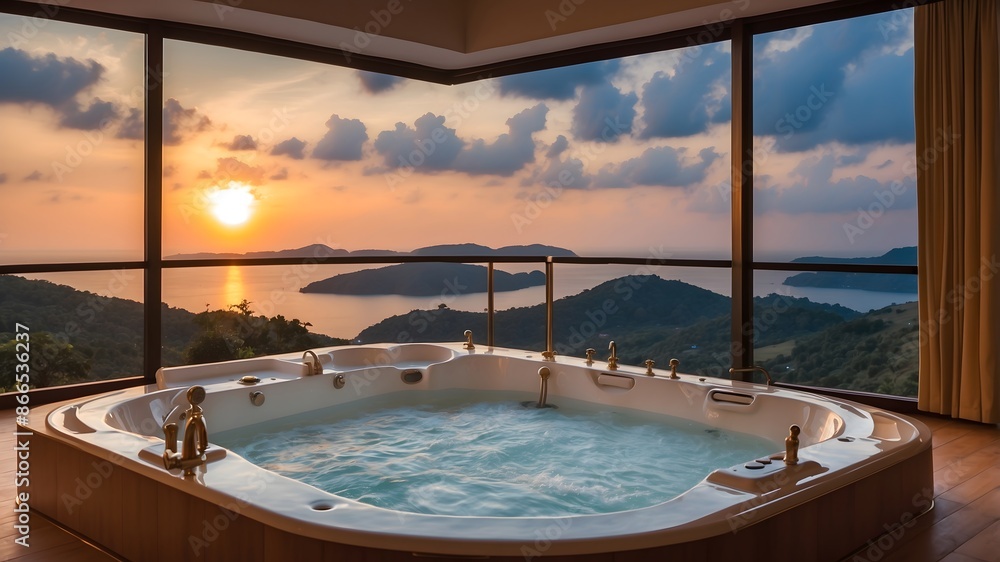 Jacuzzi tub with sea view and cloudy sunset light. Ai Generative. Jacuzzi tub with sea view and cloudy sunset light. Ai Generative.