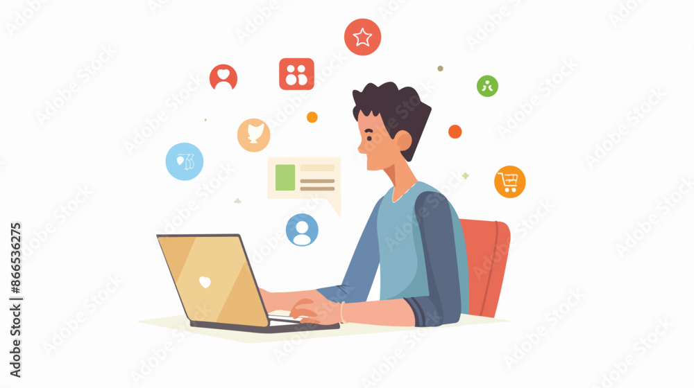 Online social media. Man sits at laptop and looks Online social media. Man sits at laptop and looks