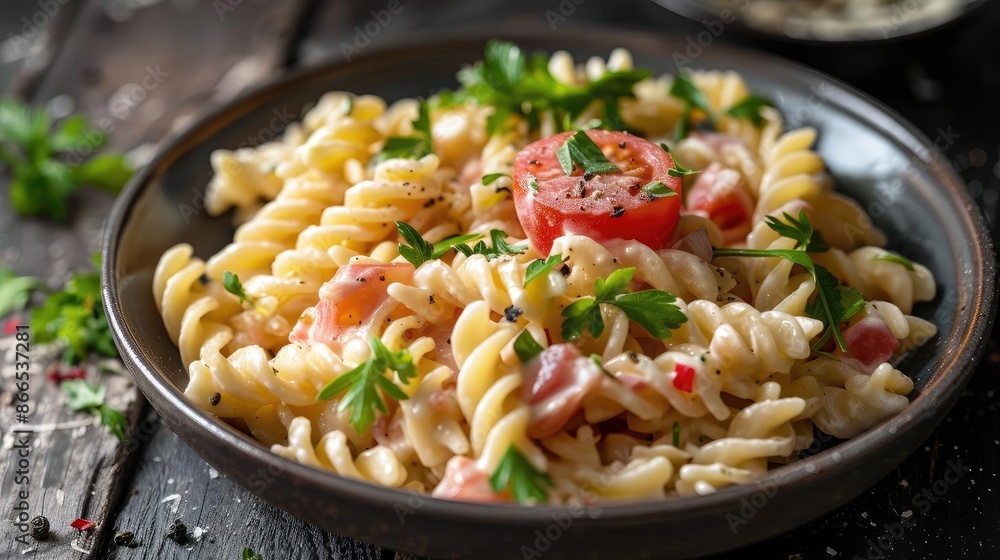 Close-up of creamy pasta salad with fusilli, fresh vegetables, and herbs served in a bowl on a rustic table. Close-up of creamy pasta salad with fusilli, fresh vegetables, and herbs served in a bowl on a rustic table.