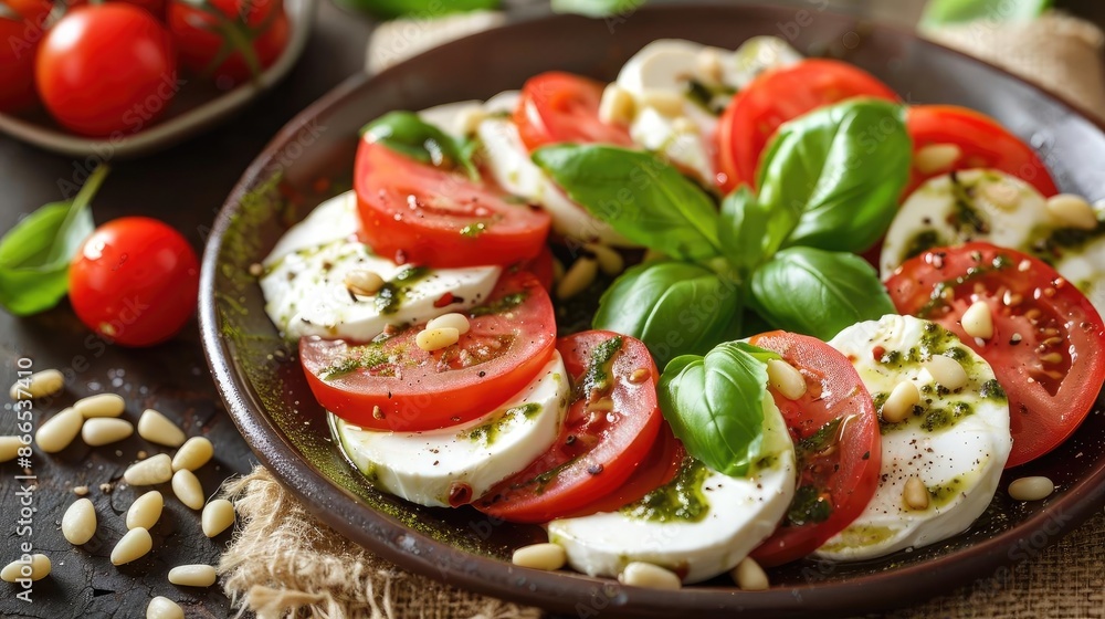 Fresh Caprese salad with ripe tomatoes, mozzarella cheese, basil leaves, and pine nuts, garnished with olive oil and spices on a brown plate. Fresh Caprese salad with ripe tomatoes, mozzarella cheese, basil leaves, and pine nuts, garnished with olive oil and spices on a brown plate.