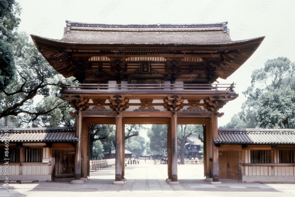 Japanese university entrance gate with students entering, traditional architecture and bustling activity, [academic tradition], [student life]