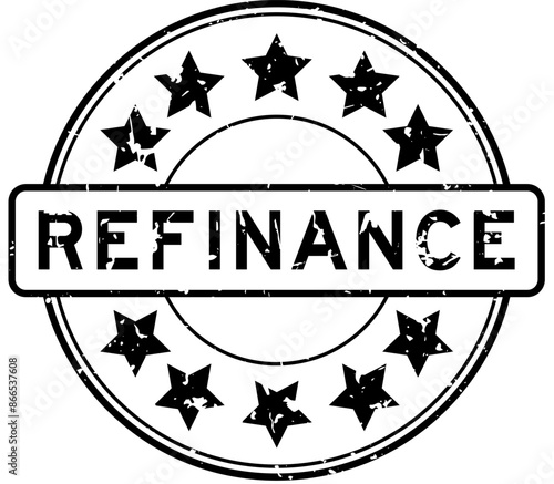 Grunge black refinance word with star icon round rubber seal stamp on white background