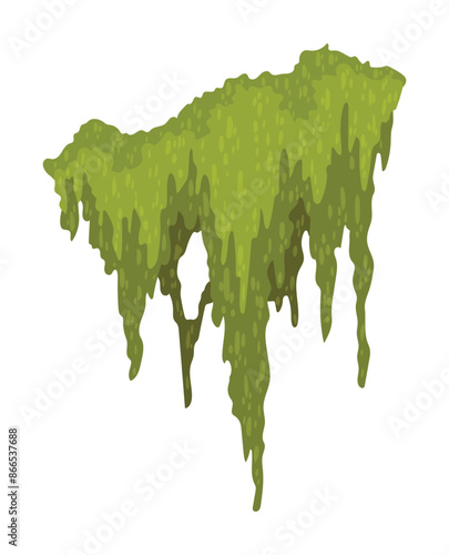 Cartoon jungle moss shape. Green swamp moss, forest hanging and creeping lichen. Rainy forest flora. Marsh plant for computer games isolated on white. Flat vector illustration