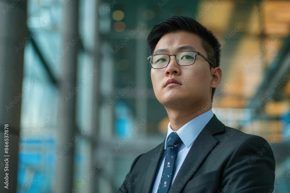 Focused young businessman in a suit stands in a modern city environment, portraying determination Focused young businessman in a suit stands in a modern city environment, portraying determination