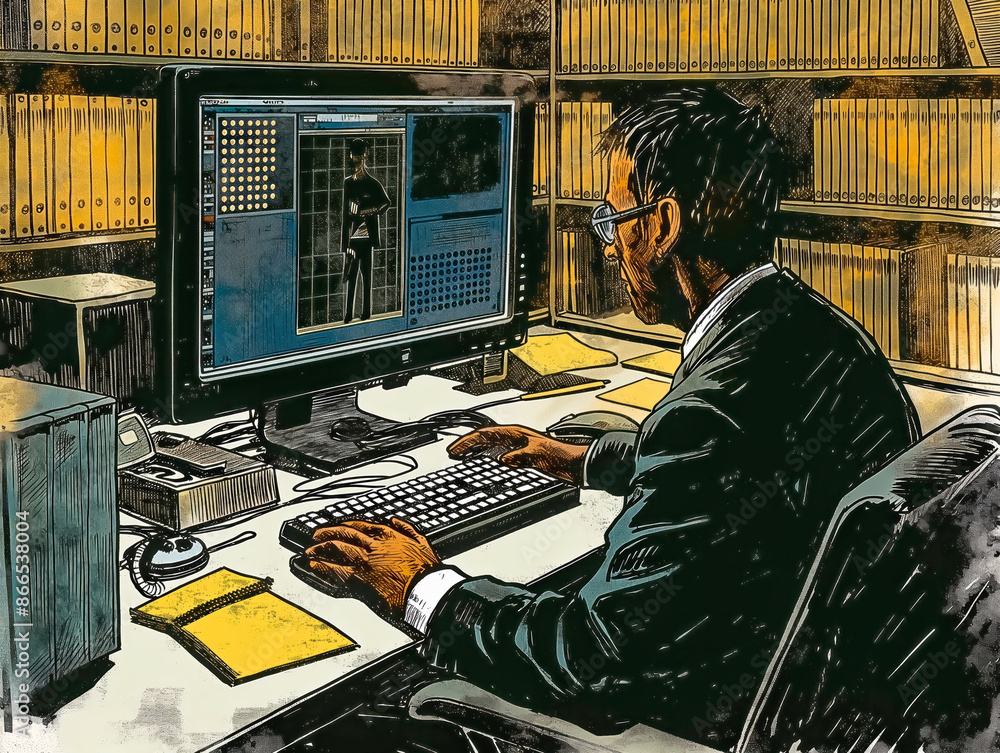A man is sitting at a desk with a computer monitor in front of him. He ...