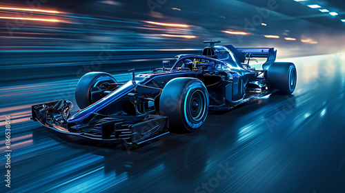 Racer on a racing car passes the track. Motor sports competitive team racing. Motion blur background.