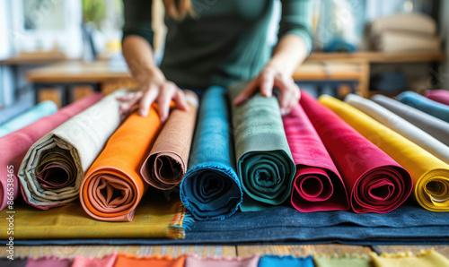 Fashion designer choosing colorful fabrics for new dress collection