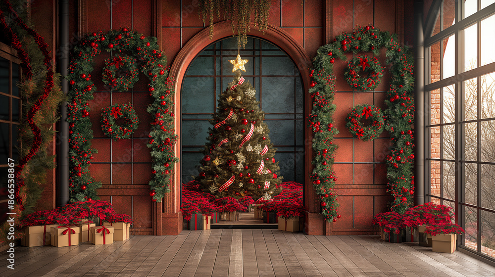 3 arches with Christmas wreaths and garlands, arched wall, Christmas tree in the background, floor covered in gift boxes, digital backdrop for photography, 3 arches with Christmas wreaths and garlands, arched wall, Christmas tree in the background, floor covered in gift boxes, digital backdrop for photography,