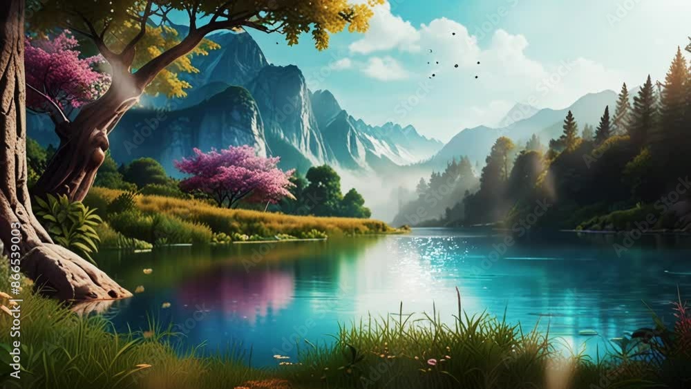 Stunning views of the lake with mountains in the background, in a smooth looping background with animated 4K video.