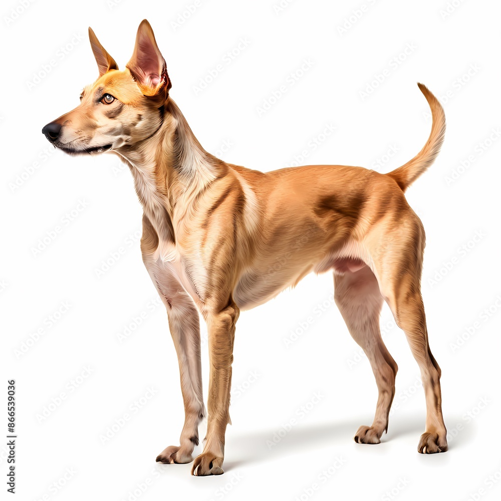 Podenco Canario dog breed standing against white background, AI Generated Podenco Canario dog breed standing against white background, AI Generated