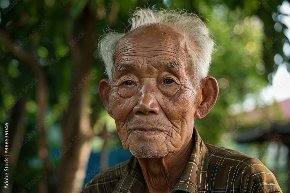 Closeup of a senior man with expressive wrinkles and a serene gaze outdoors Closeup of a senior man with expressive wrinkles and a serene gaze outdoors