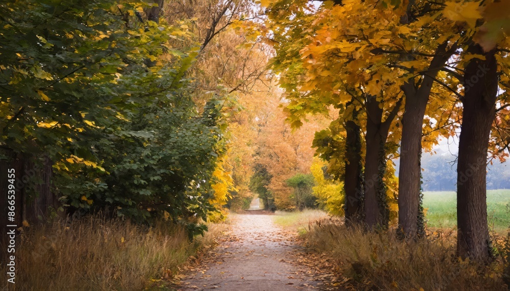 Golden autumn alley in the forest with fireflies and fallen leaves Golden autumn alley in the forest with fireflies and fallen leaves