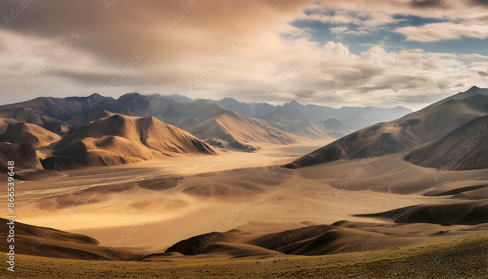 Naklejka premium Vast desert for background, mountain landscape with cloudy sky, Generative AI.
