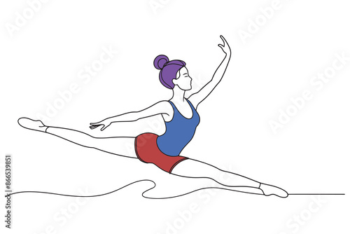  Flexible female athlete displaying impressive balance and agility in a gymnastic workout pose continuous line draw design graphic vector illustration.