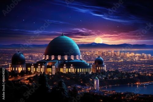 Night view of the Griffith Observatory in Los Angeles., generative IA