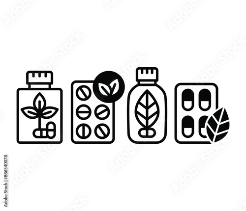 medicine herbal bottle icons symbol vector design black white color simple flat modern illustration collection set