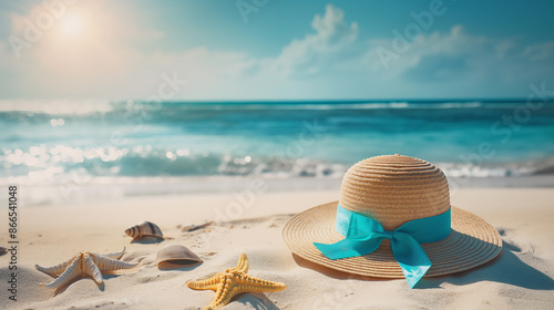 Beach Hat with Blue Ribbon and Starfish 