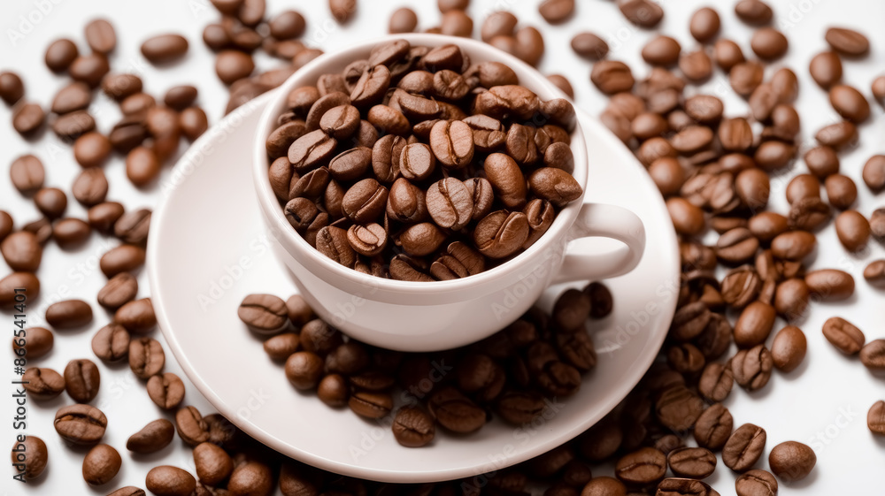 Close-Up of Coffee Beans in a White Cup and Saucer Surrounded by Scattered Coffee Beans - Aromatic and Rich Coffee Concept Close-Up of Coffee Beans in a White Cup and Saucer Surrounded by Scattered Coffee Beans - Aromatic and Rich Coffee Concept