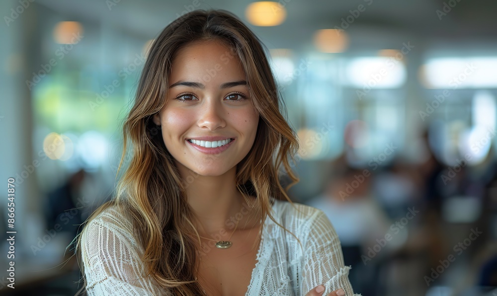 Confident young woman stands confidently in workplace, arms crossed and smiling brightly, showcasing pride and confidence in professional endeavors. Confident young woman stands confidently in workplace, arms crossed and smiling brightly, showcasing pride and confidence in professional endeavors.