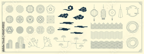 Chinese traditional banner decoration element set. Korean and Japanese decorative pattern and lantern. Asian moon flower and cloud. Oriental folk linear ornament sun shape collection concept for decor