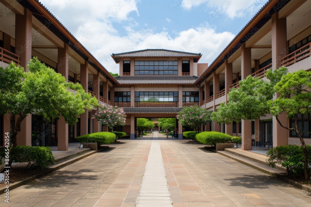 Japanese university courtyard with traditional and modern buildings, students relaxing and socializing, [campus life], [architectural blend]