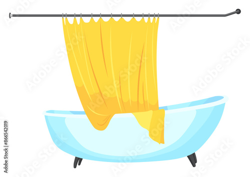 Cartoon bathroom. Vintage blue bathtub and yellow curtain. Bath time in flat style vector illustration. Mockup for web design, isolated on white background
