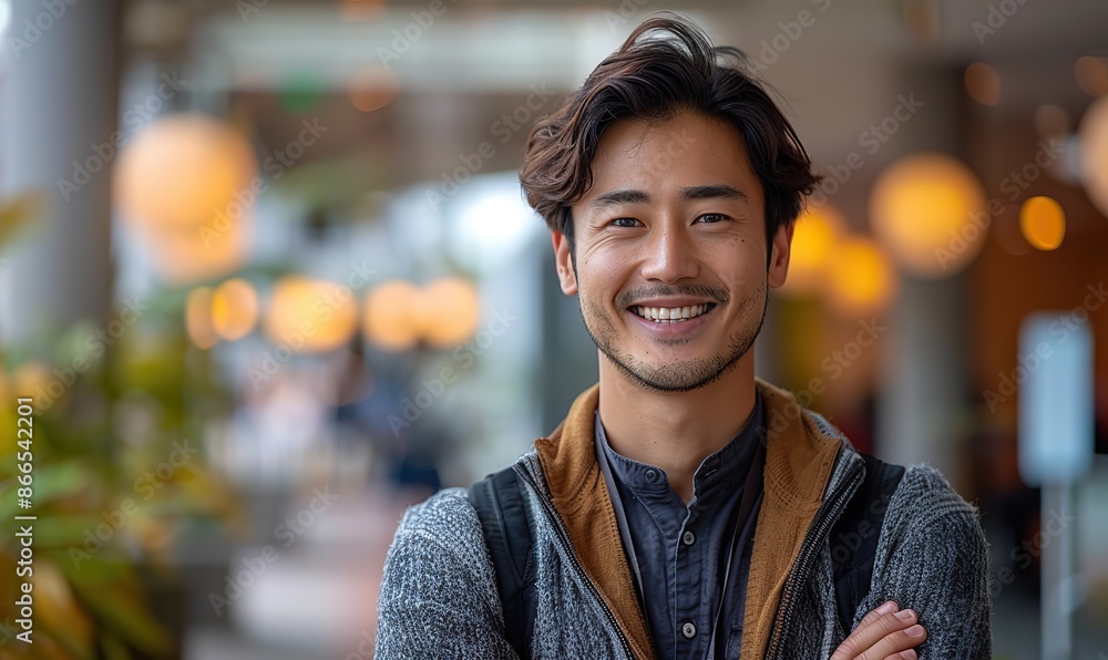 Young Asian businessman, arms crossed, smiles happily in the city. Young Asian businessman, arms crossed, smiles happily in the city.