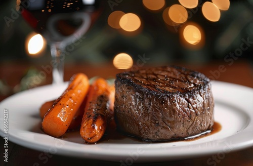 Grilled Steak With Glazed Carrots on White Plate