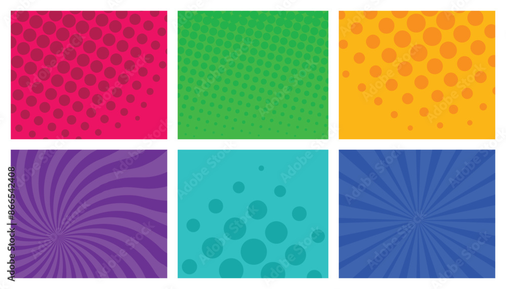 Comic book background page template of colorful frames with rays, radial, halftone and dotted effects. equle divided, vector illustration Comic book background page template of colorful frames with rays, radial, halftone and dotted effects. equle divided, vector illustration
