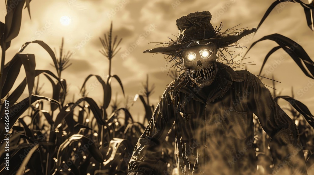 Eerie scarecrow with glowing eyes in a spooky cornfield at dusk, capturing the essence of Halloween and autumn harvest. Eerie scarecrow with glowing eyes in a spooky cornfield at dusk, capturing the essence of Halloween and autumn harvest.