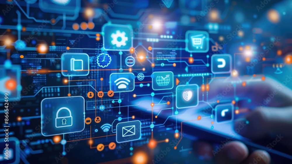 A digital interface with various icons representing technology and data security, with a hand using a smartphone, symbolizing mobile connectivity, cybersecurity, and digital transformation. A digital interface with various icons representing technology and data security, with a hand using a smartphone, symbolizing mobile connectivity, cybersecurity, and digital transformation.