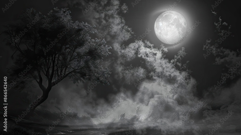 Mystical night scene with full moon, clouds, and silhouetted tree, creating an eerie atmosphere in grayscale. Mystical night scene with full moon, clouds, and silhouetted tree, creating an eerie atmosphere in grayscale.