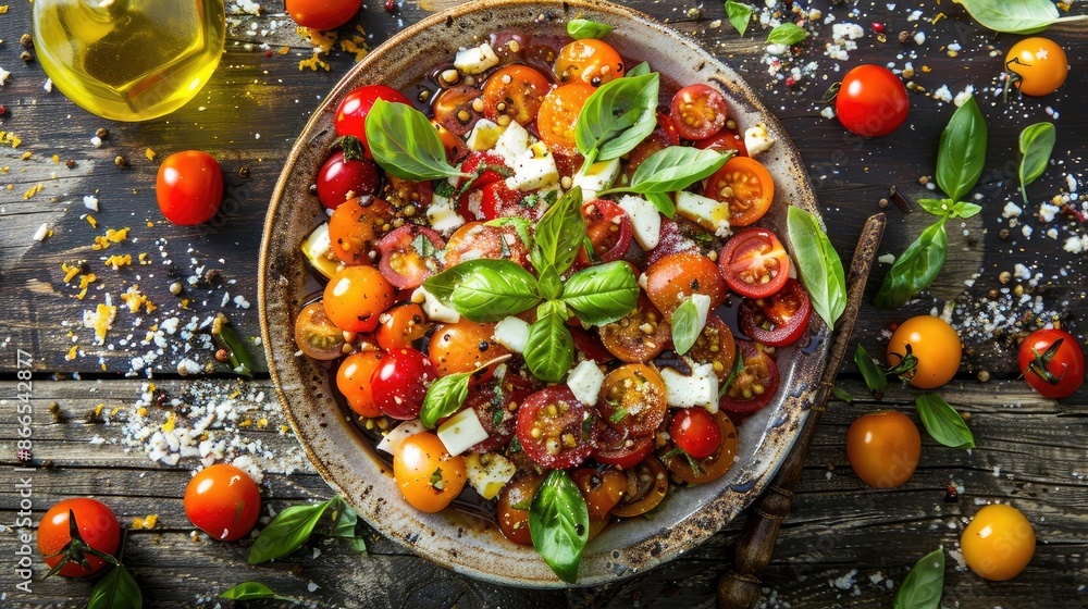 Fresh, vibrant cherry tomato salad with feta cheese, basil leaves, and olive oil. Perfect for a healthy meal or a light, tasty appetizer. Fresh, vibrant cherry tomato salad with feta cheese, basil leaves, and olive oil. Perfect for a healthy meal or a light, tasty appetizer.