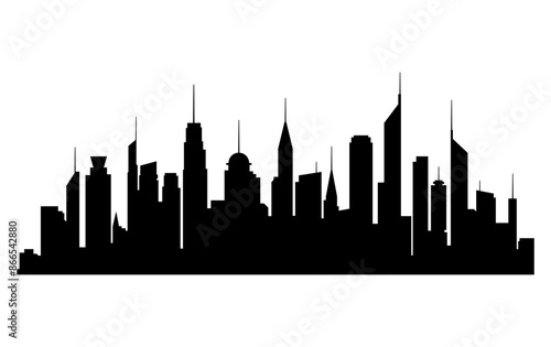Black cities silhouette collection. Horizontal skyline set in flat style isolated on white. Cityscape, urban panorama of night town. #866542880