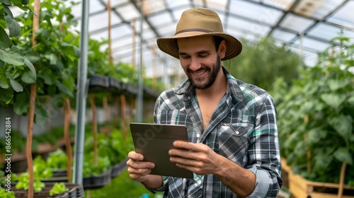 Young farmer using tablet to control smart greenhouse climate and farming technology in startup