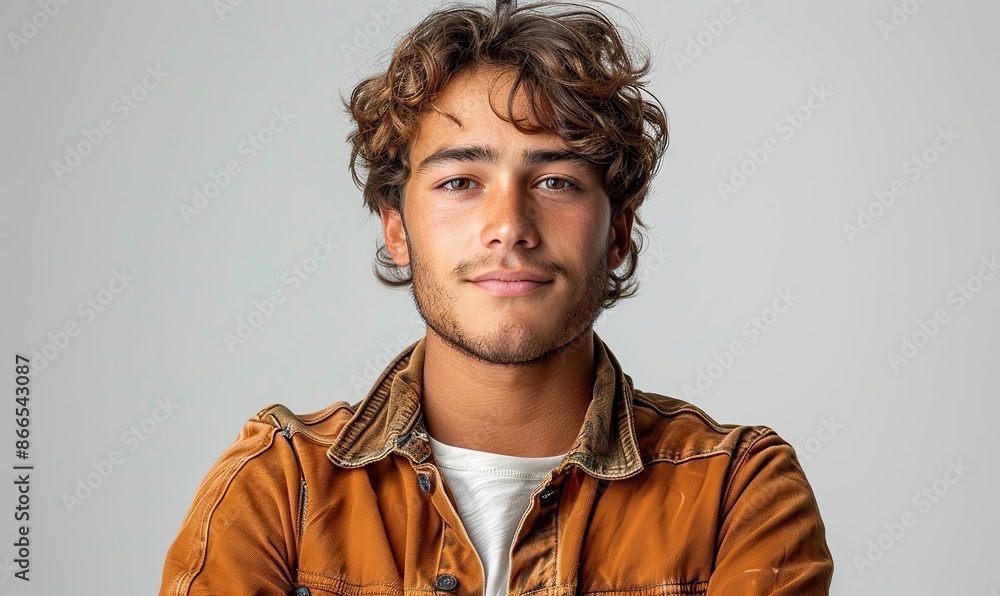 Fototapeta premium Against a white background, a young man stands with his arms crossed, symbolizing confidence and determination.