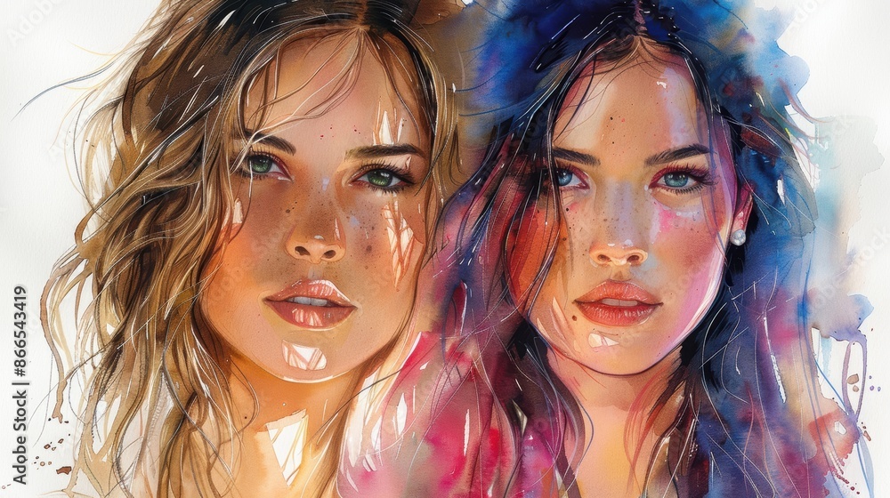 A watercolor painting of two women's faces. The women are facing the viewer with their heads tilted slightly towards each other. A watercolor painting of two women's faces. The women are facing the viewer with their heads tilted slightly towards each other.
