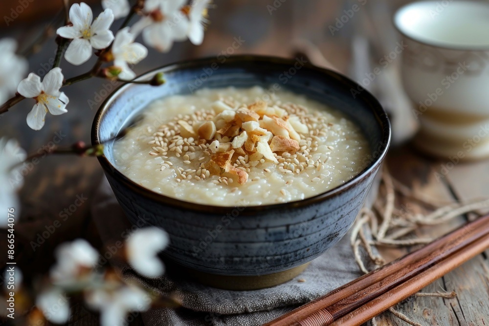 Artisanal bowl of rice pudding topped with nuts beside cherry blossoms Artisanal bowl of rice pudding topped with nuts beside cherry blossoms