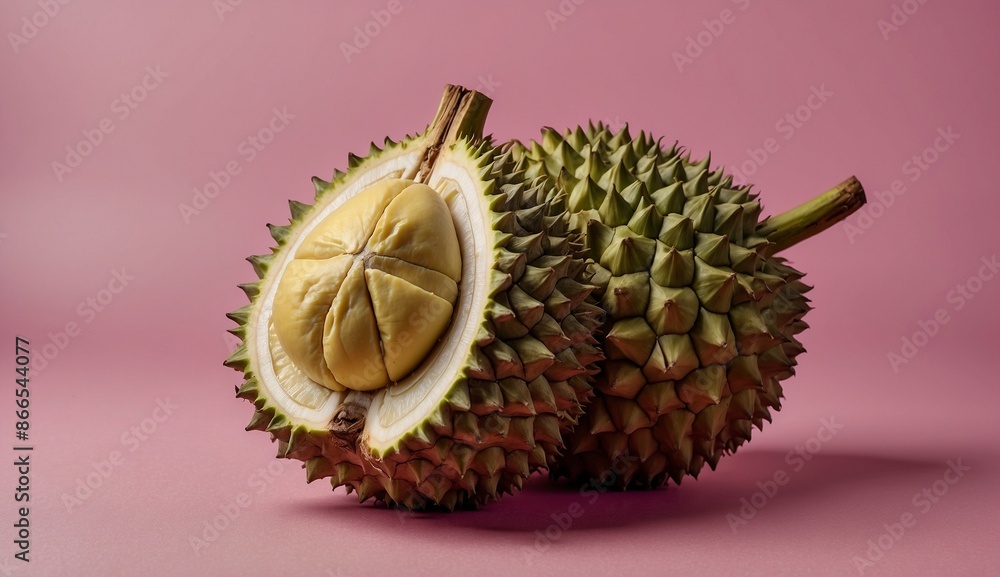 Durian fruit opened to reveal inner sections. Durian fruit opened to reveal inner sections.