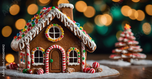 bokeh of cake decorated houses and pine trees in snow area