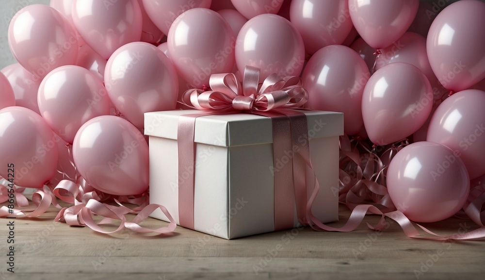 White Gift Box with Pink Ribbon Surrounded by Pink Balloons White Gift Box with Pink Ribbon Surrounded by Pink Balloons