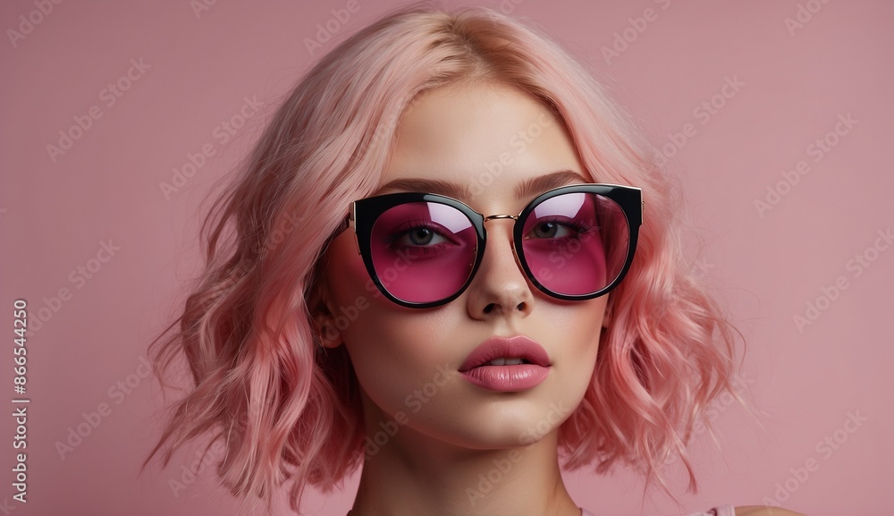 Woman with short pink hair and trendy sunglasses. Woman with short pink hair and trendy sunglasses.