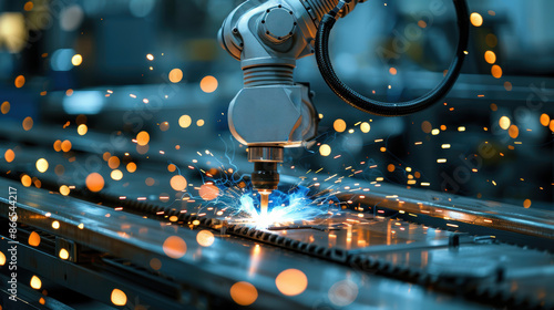 A robotic arm is welding a metal part. The sparks from the welding process are flying in all directions. The robot is part of an automated assembly line. photo