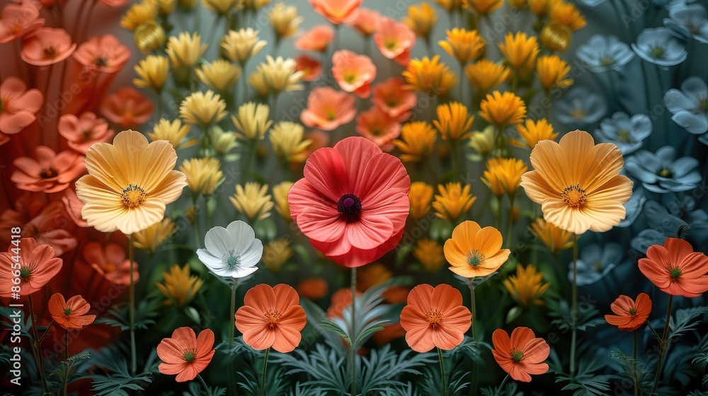 A field of flowers in full bloom. The flowers are of various colors, including red, orange, yellow, and purple. A field of flowers in full bloom. The flowers are of various colors, including red, orange, yellow, and purple.