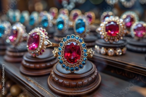 Several luxurious ruby and sapphire rings set in ornate gold bands are beautifully showcased on elegant wooden stands in an upscale jewelry store display case.