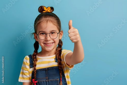 Smiling school girl showing thumb up isolated on background