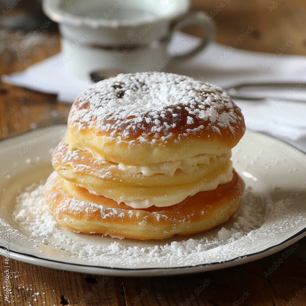 German doughnut berliner with icing sugar. German doughnut berliner with icing sugar.