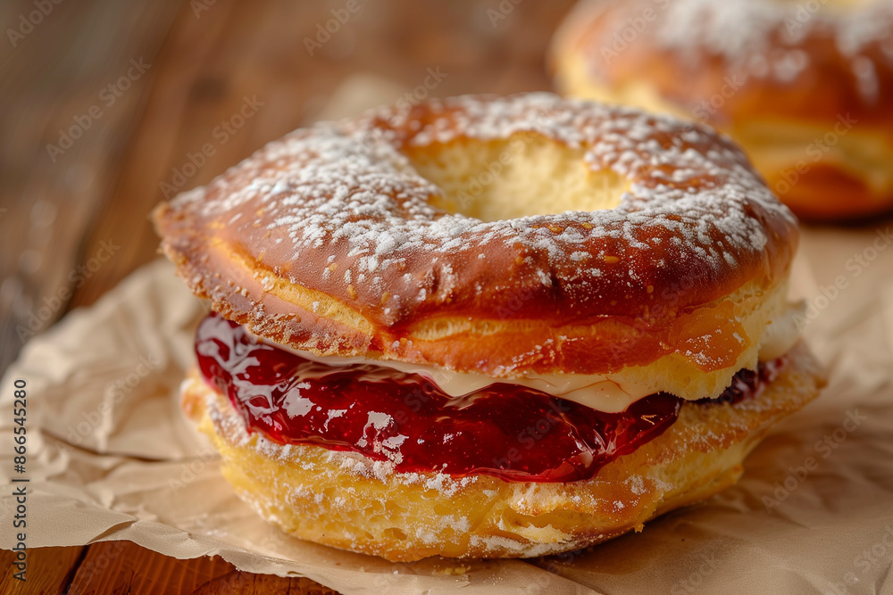 The Kitchener bun is a Berliner cut on the side for the filling of jam and cream The Kitchener bun is a Berliner cut on the side for the filling of jam and cream