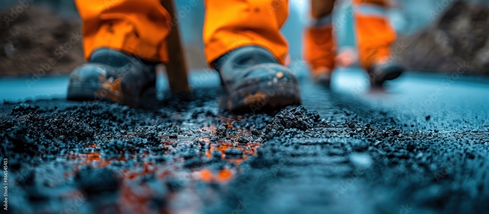 Close-up of a Worker's Feet on Fresh Asphalt Close-up of a Worker's Feet on Fresh Asphalt