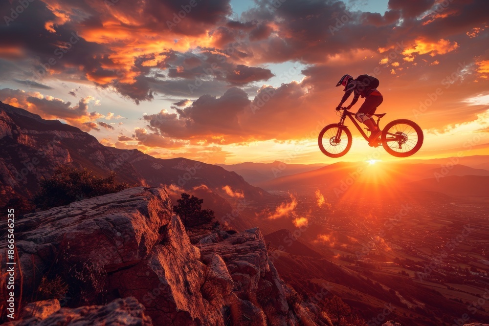 extreme sports athlete mid-air on a mountain bike, depicting the adventure and challenge of the sport extreme sports athlete mid-air on a mountain bike, depicting the adventure and challenge of the sport